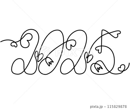 2025 hand drawn continuous line lettering with decorative hearts and flowers. Greeting template idea 115829878