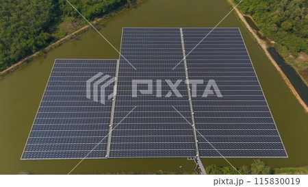 Power panels for green energy. Floating solar panels or solar cell Platform system on the lake. Power panels for green energy. Floating solar panels or solar cell Platform system on the lake. 115830019