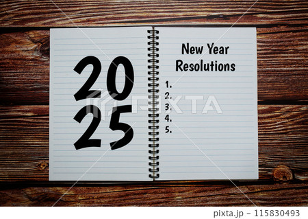 2025 New Year Resolutions text message writen on wooden background 115830493