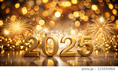 Golden numbers 2025  against the background of fireworks for Christmas and New Year 115830968