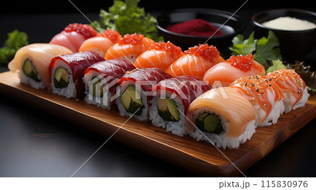 Nigiri sushi laid out beautifully seafood fresh atop seasoned rice. Nigiri sushi highlights traditional techniques. Delicate textures of nigiri sushi tantalize the palate 115830976