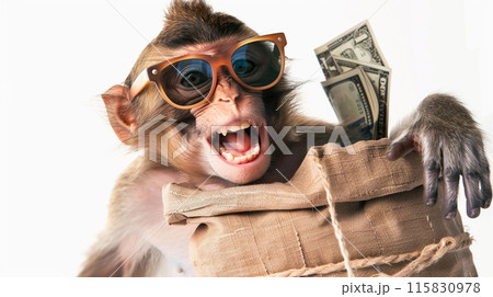rich funny monkey in glasses with a bag of money 115830978