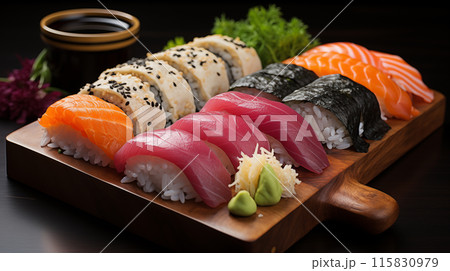 Crafted with care nigiri sushi features vibrant fish on sushi rice. Nigiri sushi is both a visual and gastronomic delight. Nigiri sushi, served fresh, melds flavors seamlessly 115830979