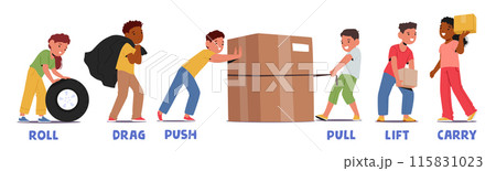 Children Engaged In Various Movements Such As Rolling, Dragging, Pushing, Pulling, Lifting, And Carrying Objects Children Engaged In Various Movements Such As Rolling, Dragging, Pushing, Pulling, Lifting, And Carrying Objects 115831023