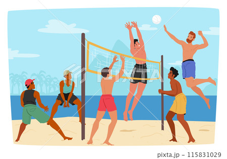 Group Of Male Friends Characters Enjoying A Competitive Game Of Beach Volleyball On A Sunny Day By The Sea 115831029