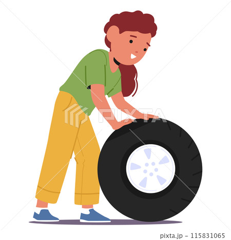 Child Character Rolling A Large Tire. Colorful Cartoon Vector Illustration Captures An Energetic And Playful Moment Child Character Rolling A Large Tire. Colorful Cartoon Vector Illustration Captures An Energetic And Playful Moment 115831065