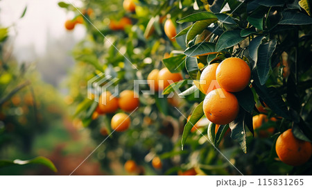 fields in the garden with fruits oranges on the trees harvest 115831265