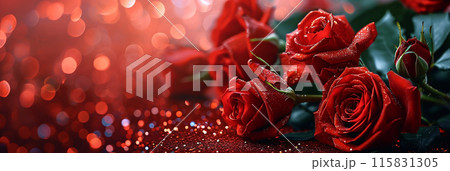 banner with red roses and glitter for valentine's day 115831305