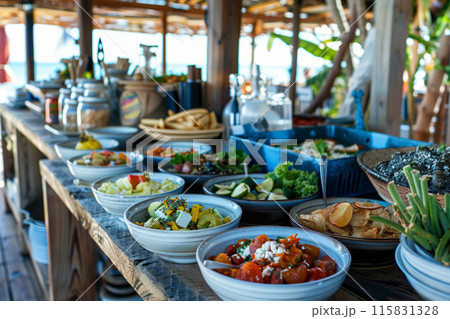 Beachside dining setup featuring a variety of food platters under a shaded canopy 115831328