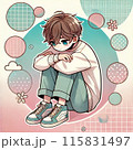 膝を抱えて座ってる男の子 115831497
