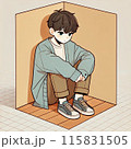 壁に持たれて座っている男の子 115831505