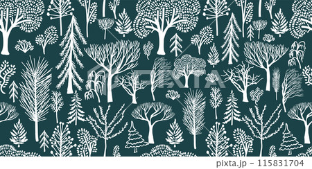 Christmas. Winter background. Seamless pattern winter forest with simple trees. Hand drawing. Not AI. Vector illustration 115831704