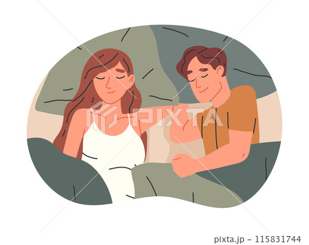Sleeping couple. Man and woman sleep in bed under blankets, resting and bedtime scene flat vector illustration. Young family sleeping in bed 115831744