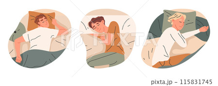 Sleeping male characters. Men sleep in beds under blankets, lying asleep guys flat vector illustration set. Males resting in beds 115831745