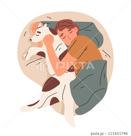Sleeping man with his dog. Man sleep in bed with his pet, resting and bedtime scene flat vector illustration. Guy sleeping in bed 115831746