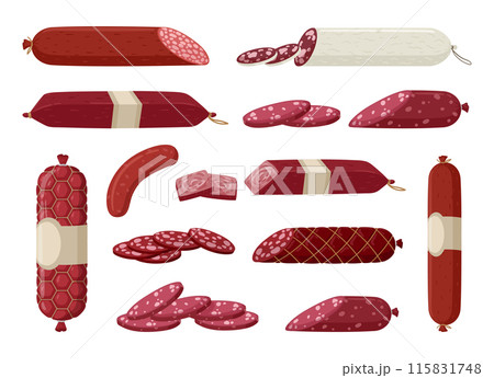 Smoked sausages. Raw smoked sausage, delish meat semi-finished products, butcher shop sausages flat vector illustration set. Meat delicacies 115831748