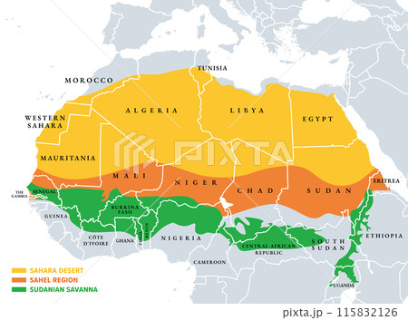 Sahara, Sahel, and Sudanian savanna, political map. Sahara as largest hot desert in the world, the Sahel with hot semi-arid climate, and broad belt of tropical Sudanian savanna, on African continent. Sahara, Sahel, and Sudanian savanna, political map. Sahara as largest hot desert in the world, the Sahel with hot semi-arid climate, and broad belt of tropical Sudanian savanna, on African continent. 115832126