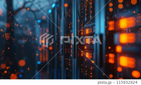 Luminous data center filled with servers emitting vibrant blue and orange tones 115832824