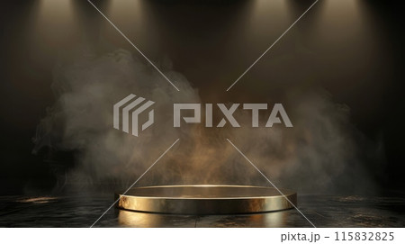 Enigmatic golden pedestal veiled in mystical rising smoke 115832825
