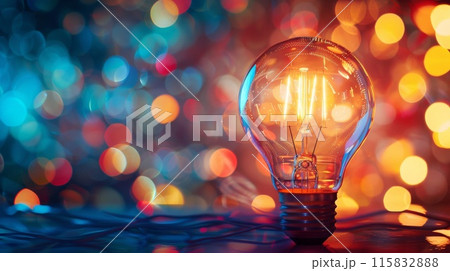 Vibrant bokeh backdrop frames glowing light bulb 115832888