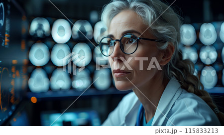 A focused female neuroscientist with glasses is carefully analyzing brain scans displayed on multiple digital screens in a high-tech medical facility 115833213
