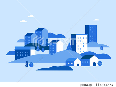 Illustration of a village with blue buildings. 115833273