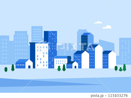 Illustration of a village with blue buildings. 115833276