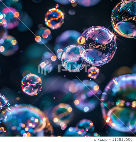 Bright space adorned with translucent, colorful floating spheres 115833500