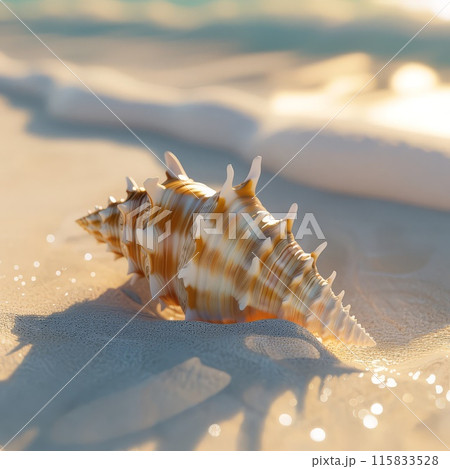 Tropical beach, lone seashell on soft sand 115833528