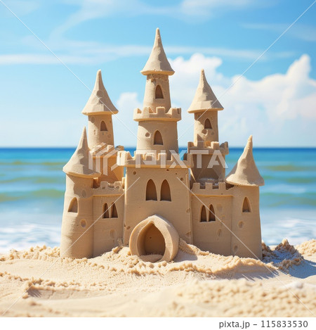 Elaborate sand fortress gleams under sun rays 115833530
