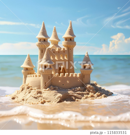 Intricate sandy masterpiece graces sunny shoreline 115833531