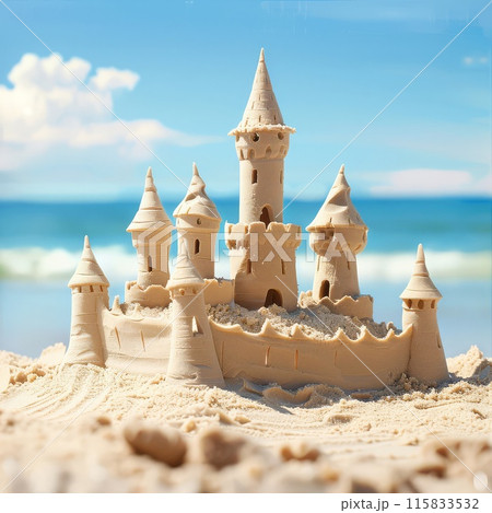 Sun kissed beach showcases detailed sandcastle 115833532