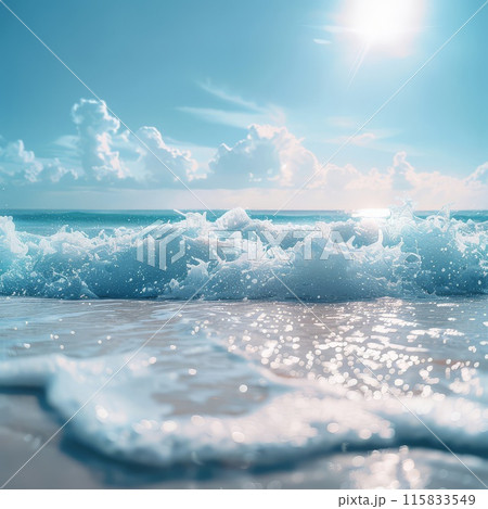 Sun drenched beach with waves crashing on the shore Sun drenched beach with waves crashing on the shore 115833549