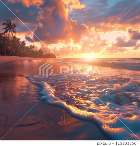 Beach bathed in orange sky and calm waves Beach bathed in orange sky and calm waves 115833550