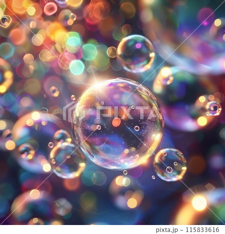 Bright space filled with drifting, vibrant spheres 115833616