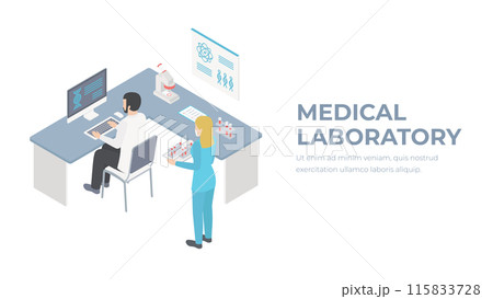 Isometric flat 3D concept vector interior of science laboratory. Medical research pharmaceutical illustration. 115833728
