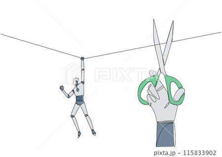Continuous one line drawing the robot hanging from rope. A big hand that want to cut the rope. Maintaining a nearly useless business. Thwarted by traitors. Single line draw design vector illustration 115833902