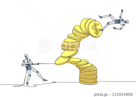 Continuous one line drawing robotic pull one of a piles of coins who made the person on top fall. Business fraud. Misappropriation of office money. Traitor. Single line draw design vector illustration Continuous one line drawing robotic pull one of a piles of coins who made the person on top fall. Business fraud. Misappropriation of office money. Traitor. Single line draw design vector illustration 115833908
