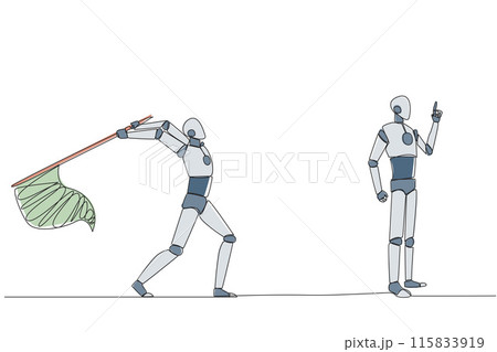 Continuous one line drawing the robot who comes up with an idea. A brilliant idea that will be stolen by a business partner. Cheating in business. Betrayal. Single line draw design vector illustration Continuous one line drawing the robot who comes up with an idea. A brilliant idea that will be stolen by a business partner. Cheating in business. Betrayal. Single line draw design vector illustration 115833919