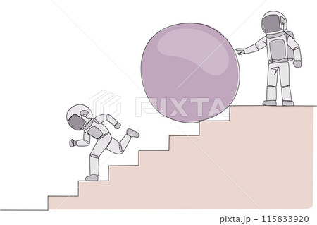 Single continuous line drawing the astronaut running down stairs avoiding big ball. Attacked by business friends. Traitor in business. Cheating in business. Betray. One line design vector illustration Single continuous line drawing the astronaut running down stairs avoiding big ball. Attacked by business friends. Traitor in business. Cheating in business. Betray. One line design vector illustration 115833920