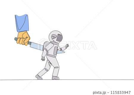 Single continuous line drawing astronaut stabbed in the back by a large knife. Cheated to ruin by a business partner. An enemy disguised as a friend. The traitor. One line design vector illustration 115833947