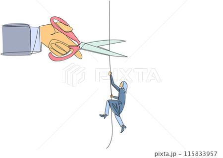 Continuous one line drawing Arab businesswoman climbs rope. Metaphor of struggling to advance business. Business failed to develop. Sabotaged by colleague. Single line draw design vector illustration 115833957