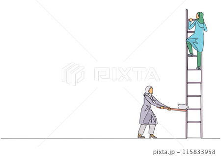 Single continuous line drawing Arab businesswoman climbs ladder to achieve expected reward. Destroyed silently. Business failed to develop. Destroyed by traitors. One line design vector illustration Single continuous line drawing Arab businesswoman climbs ladder to achieve expected reward. Destroyed silently. Business failed to develop. Destroyed by traitors. One line design vector illustration 115833958