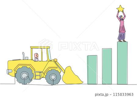Single continuous line drawing Arab businesswoman standing on highest bar raising a star. Bulldozer ready to destroy the happiness. Betrayal. Fake friends. Traitor. One line design vector illustration 115833963