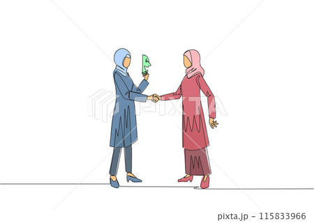 Continuous one line drawing two Arabian businesswomen shaking hands. One of them has two faces. Full of falsehood. Fake friend. Worst teamwork. Betrayal. Single line draw design vector illustration Continuous one line drawing two Arabian businesswomen shaking hands. One of them has two faces. Full of falsehood. Fake friend. Worst teamwork. Betrayal. Single line draw design vector illustration 115833966