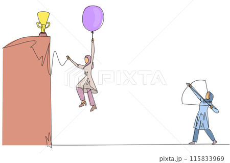 Continuous one line drawing Arab businesswoman wants to achieve prizes at peak of career. Getting resistance from all directions. Painful failure. Traitor. Single line draw design vector illustration Continuous one line drawing Arab businesswoman wants to achieve prizes at peak of career. Getting resistance from all directions. Painful failure. Traitor. Single line draw design vector illustration 115833969