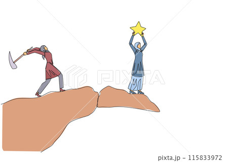 Single one line drawing Arabian businesswoman standing on edge of cliff holding up a star. Hypocrite partner want to destroy the achievement. The traitor. Continuous line design graphic illustration 115833972