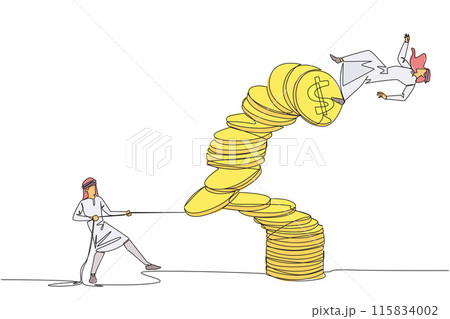 Single one line drawing Arab businessman pull one of piles of coins who made person on top fall. Business fraud. Misappropriation of office money. Traitor. Continuous line design graphic illustration 115834002