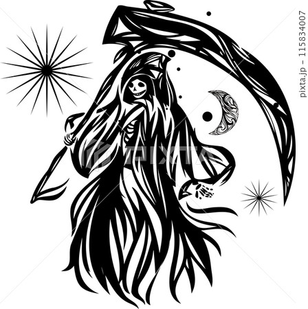 死神と月と太陽のおしゃれな切り絵風シルエット線画・トライバルアート 115834007