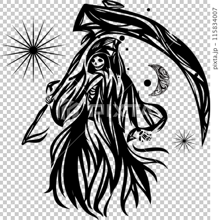 死神と月と太陽のおしゃれな切り絵風シルエット線画・トライバルアート 115834007